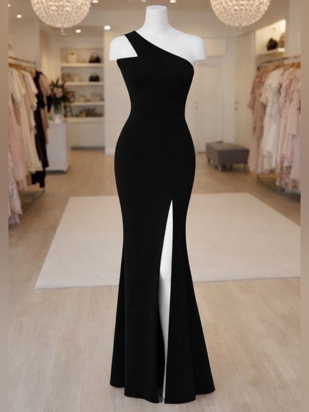 Xscape 4669X Black One Shoulder Gown High Slit Mermaid Formal Dress Size 12 NWT